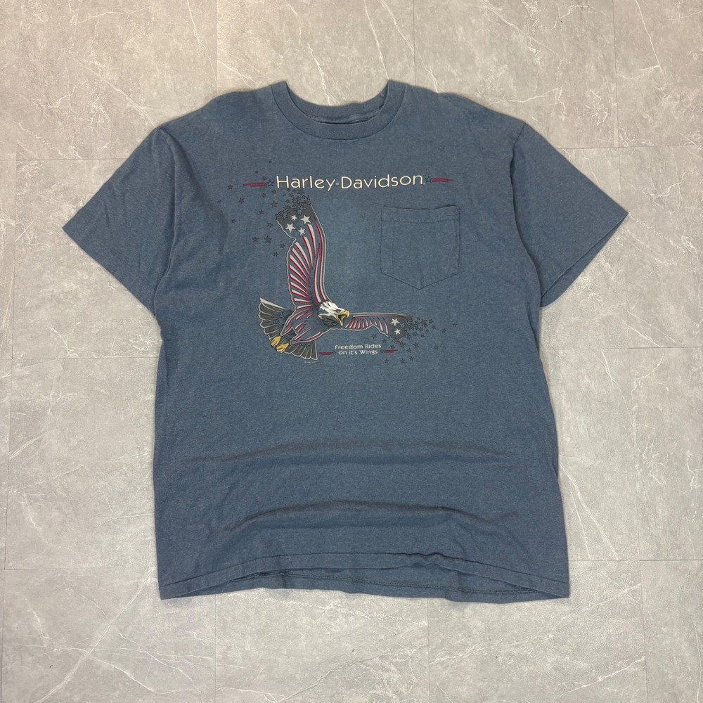 Vintage 1997 Harley-Davidson T-Shirt XL Blue Eagle Pocket Tee Wiebler's Iowa
